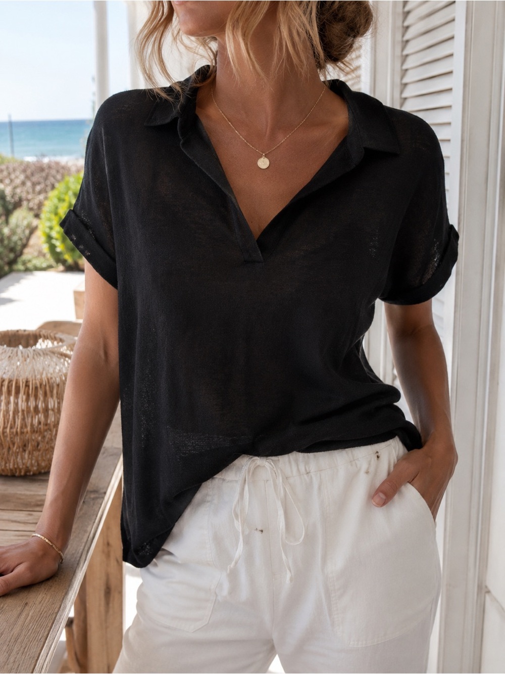 Banana Republic Black Linen Blend Sheer Collared Cuffed Sleeve Top M Old Money